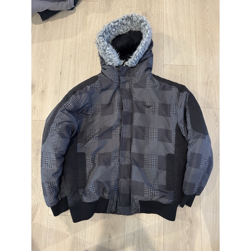 AVIREX Vintage Men's Winter Jacket Quilted 2XL Black Checkered Fur Hood